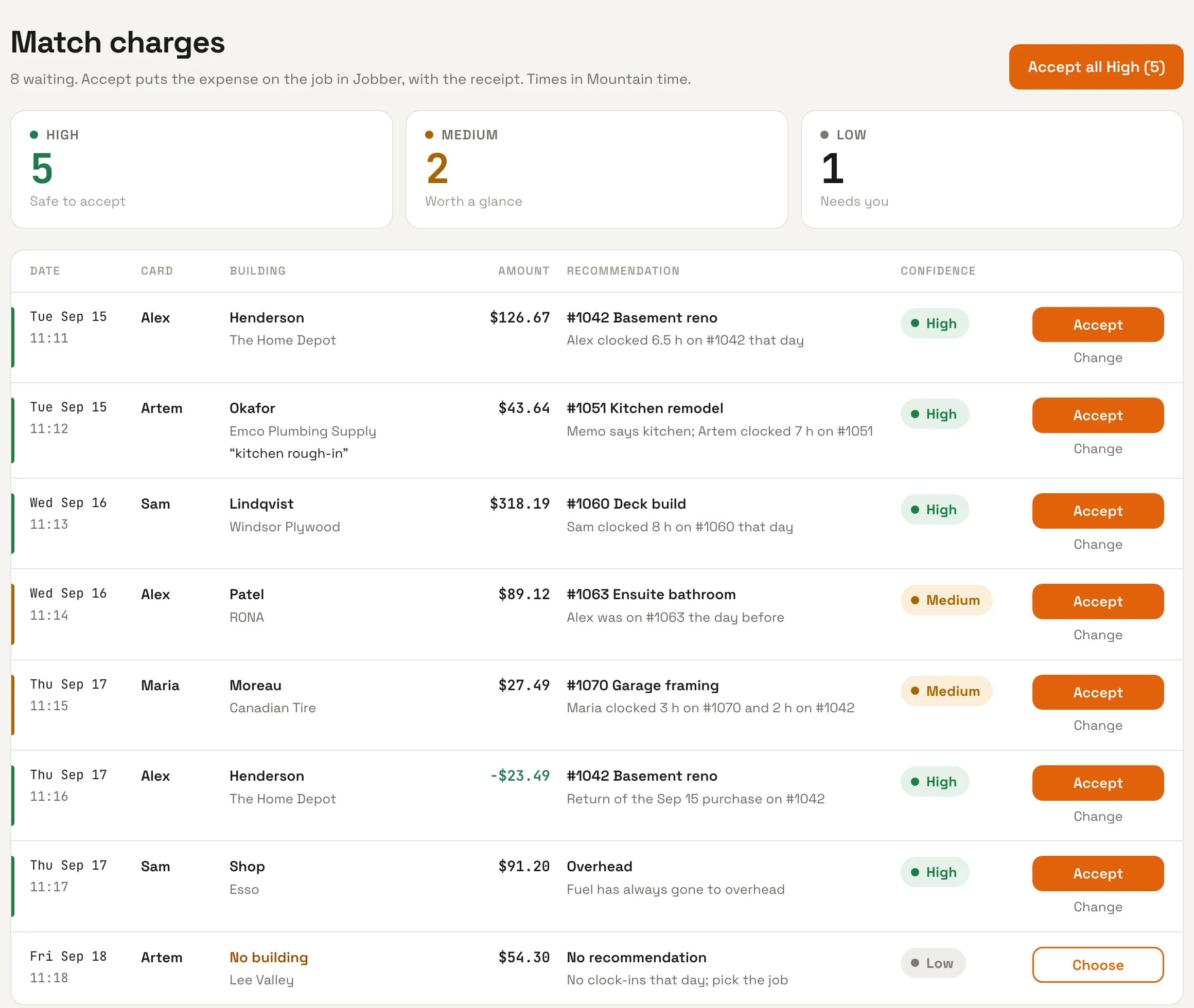 Matched's matching screen on a computer: a week of card charges, each with its Jobber job, confidence, reason and a button to send it to Jobber.